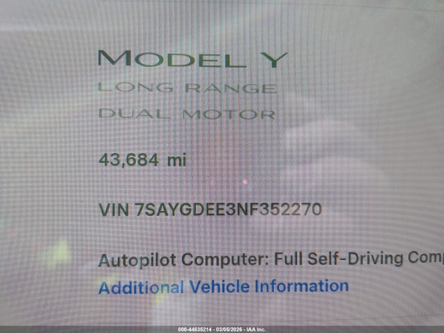 44535214 :رقم المزاد ، 7SAYGDEE3NF352270 vin ، 2022 Tesla Model Y Long Range Dual Motor All-wheel Drive مزاد بيع