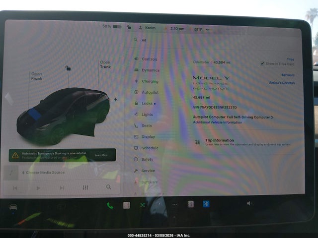 44535214 :رقم المزاد ، 7SAYGDEE3NF352270 vin ، 2022 Tesla Model Y Long Range Dual Motor All-wheel Drive مزاد بيع