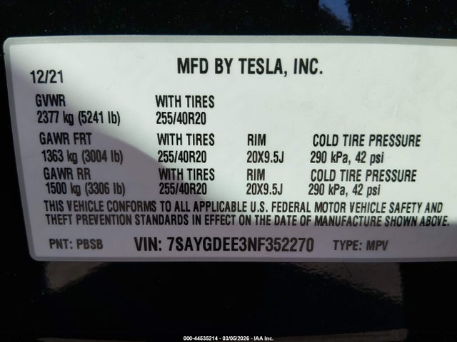 44535214 :رقم المزاد ، 7SAYGDEE3NF352270 vin ، 2022 Tesla Model Y Long Range Dual Motor All-wheel Drive مزاد بيع