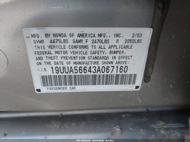44535228 :رقم المزاد ، 19UUA56643A067160 vin ، 2003 Acura Tl 3.2 مزاد بيع