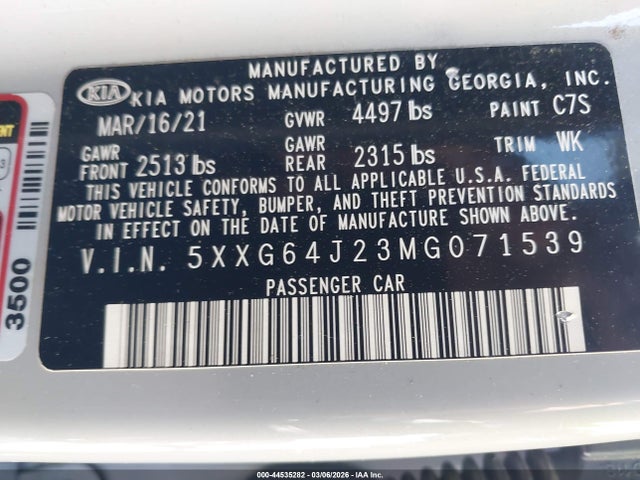 Продажа на аукционе авто 2021 Kia K5 Gt-line, vin: 5XXG64J23MG071539, номер лота: 44535282