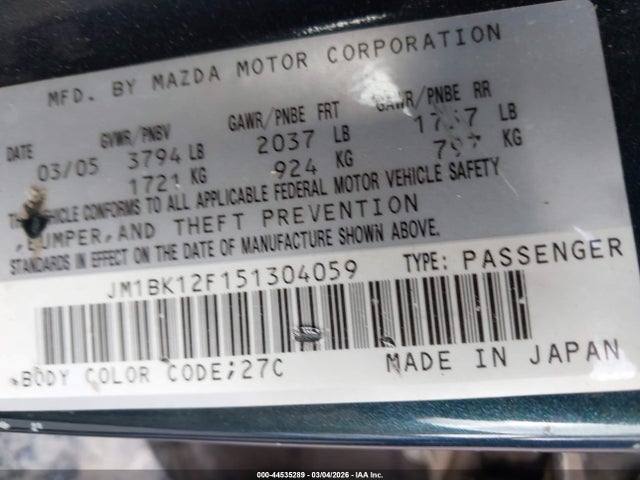 Продажа на аукционе авто 2005 Mazda Mazda3 I, vin: JM1BK12F151304059, номер лота: 44535289