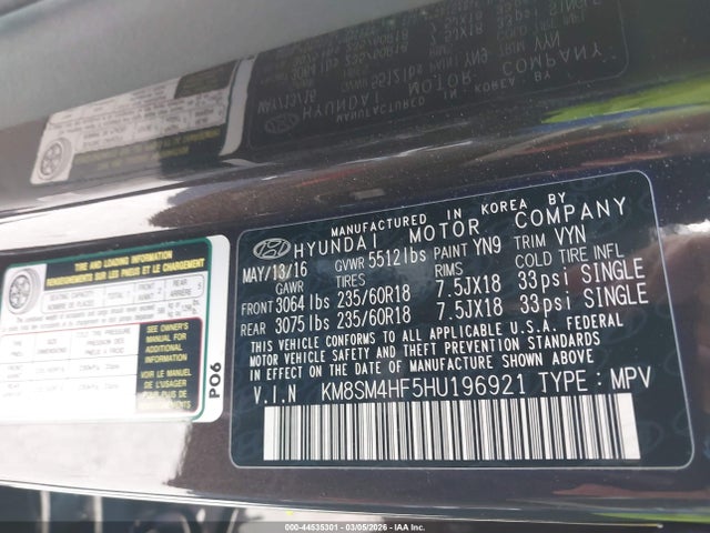 KM8SM4HF5HU196921 Hyundai Santa Fe Se