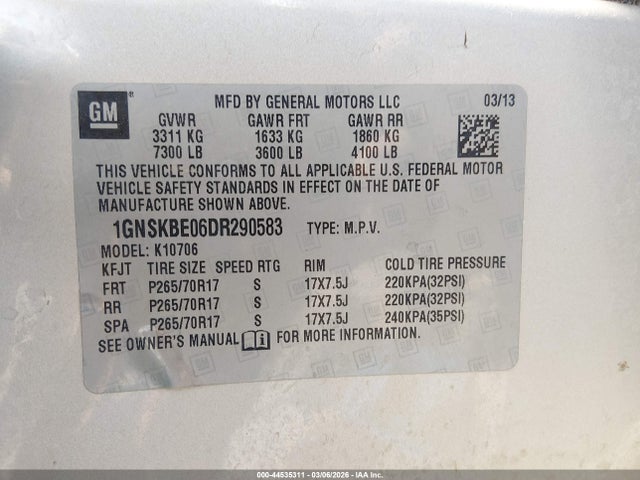 2013 Chevrolet Tahoe Lt მანქანა იყიდება აუქციონზე, vin: 1GNSKBE06DR290583, აუქციონის ნომერი: 44535311