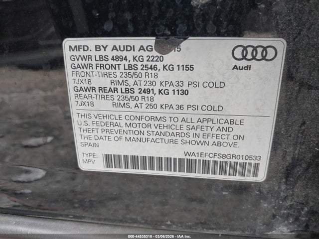 Aukcja sprzedaży 2016 Audi Q3 2.0t Premium Plus, vin: WA1EFCFS8GR010533, numer aukcji: 44535318