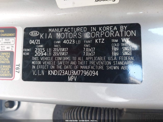 Aukcja sprzedaży 2021 Kia Soul S, vin: KNDJ23AU3M7796094, numer aukcji: 44535360