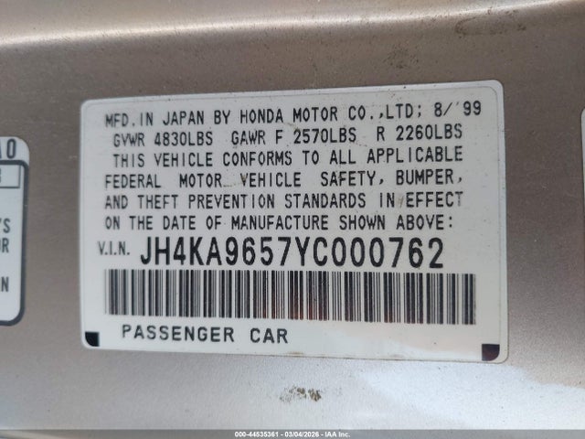 Aukcja sprzedaży 2000 Acura Rl 3.5, vin: JH4KA9657YC000762, numer aukcji: 44535361