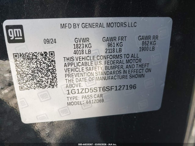 44535367 :رقم المزاد ، 1G1ZD5ST6SF127196 vin ، 2025 Chevrolet Malibu Fwd 1lt مزاد بيع