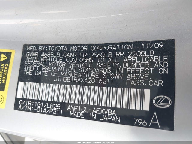 44535375 :رقم المزاد ، JTHBB1BAXA2016211 vin ، 2010 Lexus Hs 250h Premium مزاد بيع