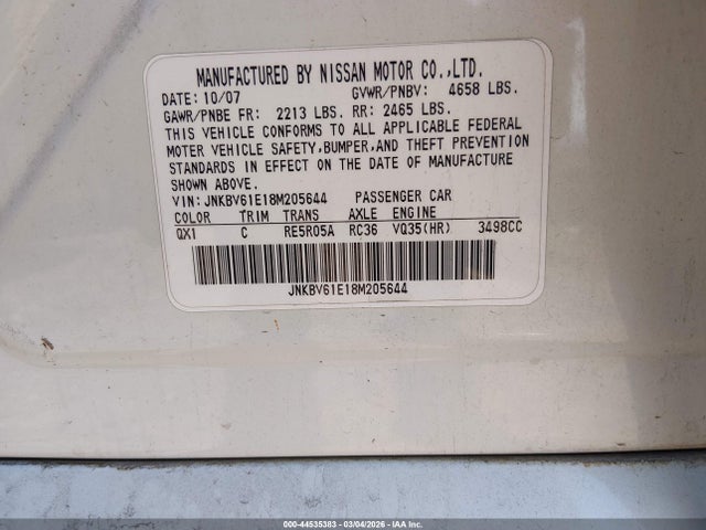 Продажа на аукционе авто 2008 Infiniti G35 Journey, vin: JNKBV61E18M205644, номер лота: 44535383