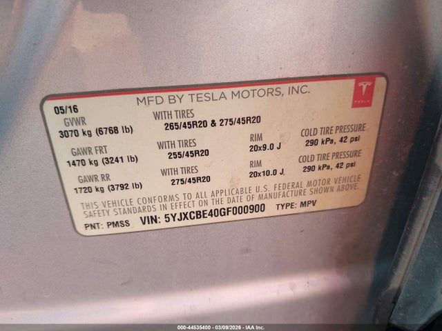 Продаж на аукціоні авто 2016 Tesla Model X 75d/p100d/p90d, vin: 5YJXCBE40GF000900, номер лоту: 44535400
