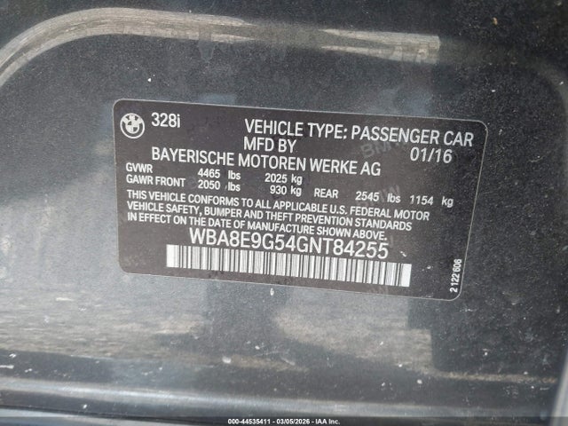 Aukcja sprzedaży 2016 Bmw 328i, vin: WBA8E9G54GNT84255, numer aukcji: 44535411