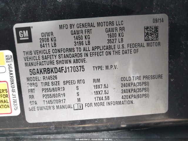 44535412 :رقم المزاد ، 5GAKRBKD4FJ170375 vin ، 2015 Buick Enclave Leather مزاد بيع