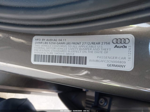 44535414 :رقم المزاد ، WAUBGAFC2CN004809 vin ، 2012 Audi A6 3.0 Premium مزاد بيع