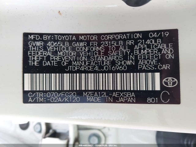 JTDP4RCE4LJ016960 Toyota COROLLA SE