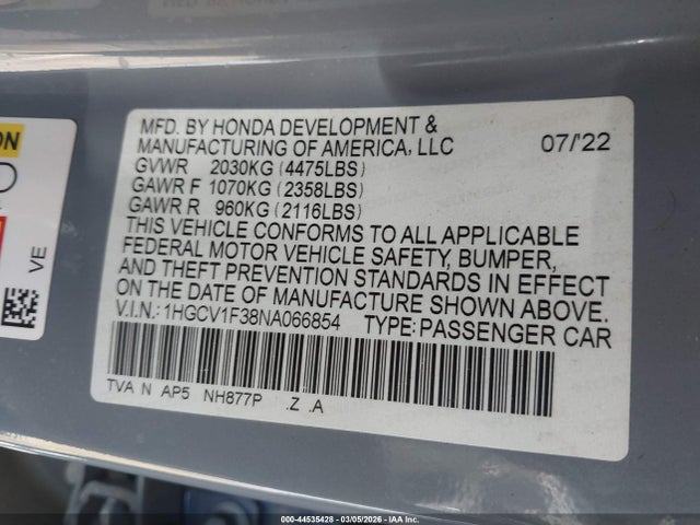 2022 HONDA ACCORD 1HGCV1F38NA066854 Photo 8