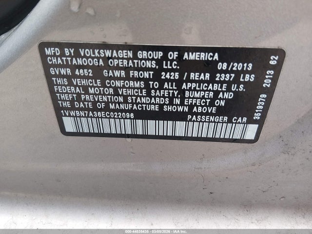 Продажа на аукционе авто 2014 Volkswagen Passat 2.0l Tdi Se, vin: 1VWBN7A36EC022096, номер лота: 44535435