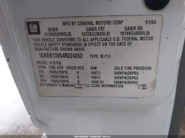 44535465 :رقم المزاد ، 1GKEK13V54R224352 vin ، 2004 Gmc Yukon Sle مزاد بيع