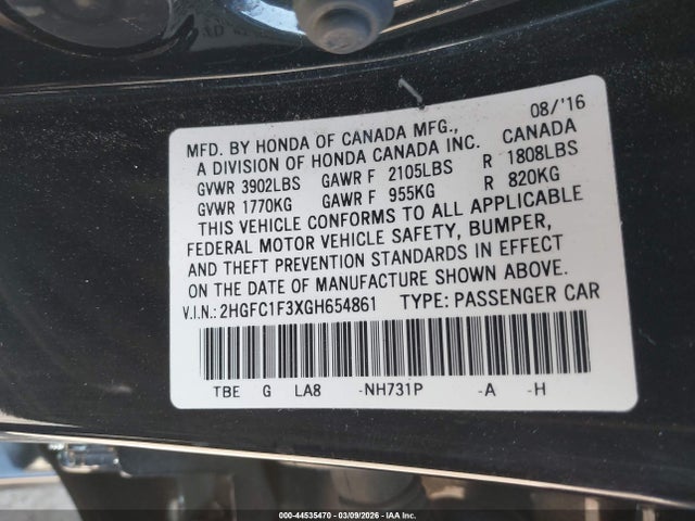2HGFC1F3XGH654861 Honda Civic Ex-t