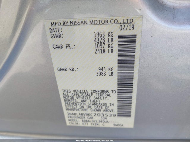 Nissan Altima 2.5 S 2019 1N4BL4BV9KC203539 Image 9