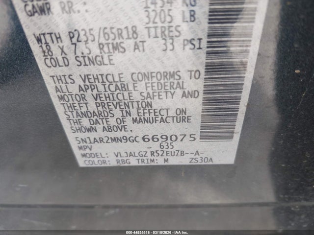 2016 Nissan Pathfinder Sl მანქანა იყიდება აუქციონზე, vin: 5N1AR2MN9GC669075, აუქციონის ნომერი: 44535516