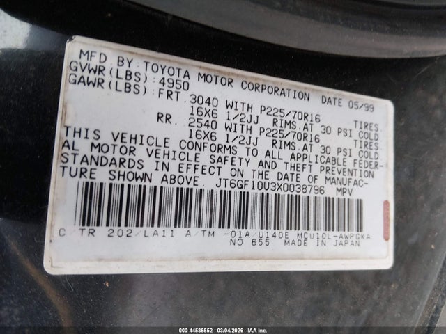 Aukcja sprzedaży 1999 Lexus Rx 300, vin: JT6GF10U3X0038796, numer aukcji: 44535552
