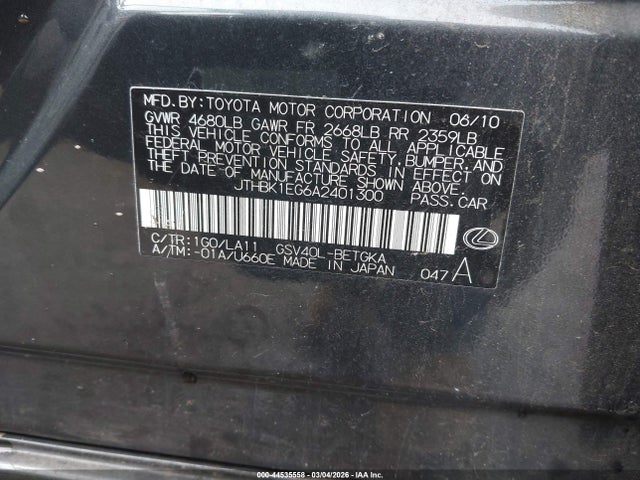 44535558 :رقم المزاد ، JTHBK1EG6A2401300 vin ، 2010 Lexus Es 350 مزاد بيع