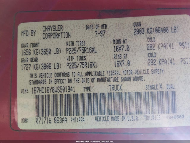 Продаж на аукціоні авто 1998 Dodge Ram 1500 St, vin: 1B7HC16Y8WS501941, номер лоту: 44535563
