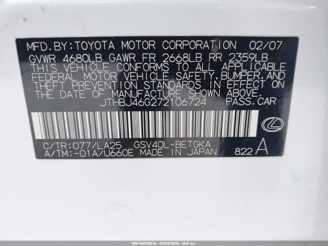 Aukcja sprzedaży 2007 Lexus Es 350, vin: JTHBJ46G272106724, numer aukcji: 44535616