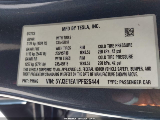 Продаж на аукціоні авто 2023 Tesla Model 3 Rear-wheel Drive, vin: 5YJ3E1EA1PF625444, номер лоту: 44535626