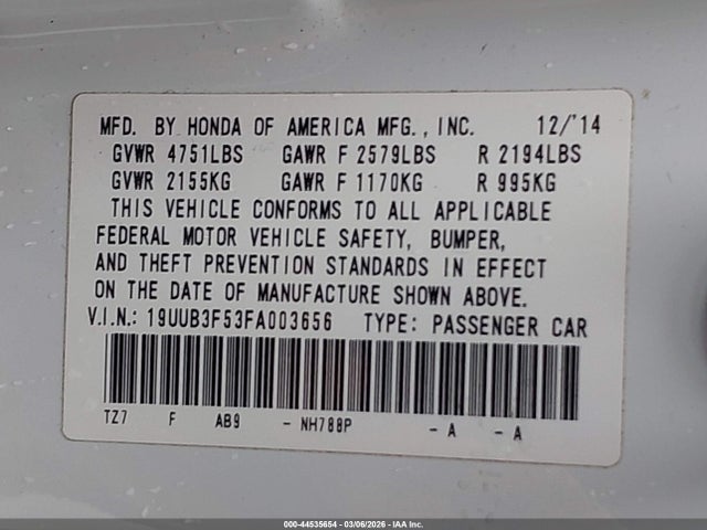 44535654 :رقم المزاد ، 19UUB3F53FA003656 vin ، 2015 Acura Tlx V6 Tech مزاد بيع