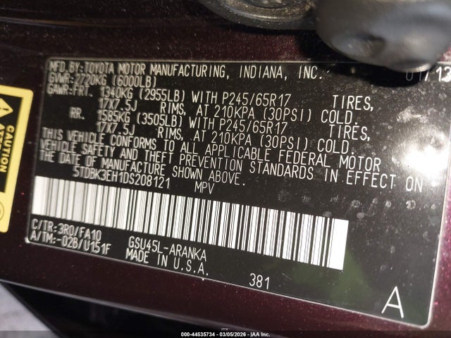 2013 TOYOTA HIGHLANDER 5TDBK3EH1DS208121 Photo 8