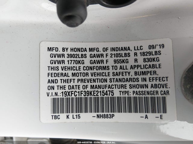 2019 Honda Civic Ex მანქანა იყიდება აუქციონზე, vin: 19XFC1F39KE215475, აუქციონის ნომერი: 44535756