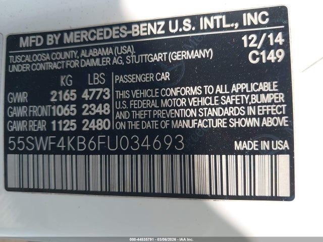 2015 Mercedes-benz C 300 4matic მანქანა იყიდება აუქციონზე, vin: 55SWF4KB6FU034693, აუქციონის ნომერი: 44535791