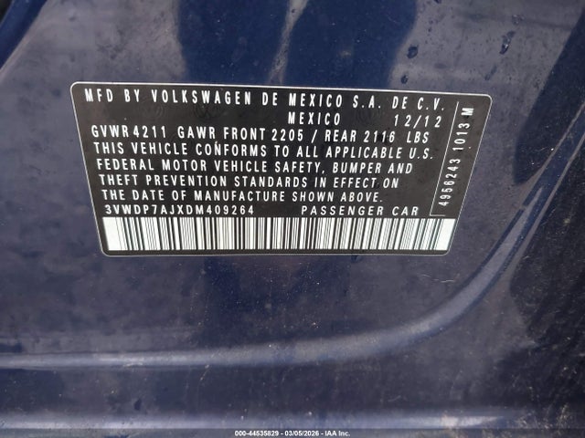 Продаж на аукціоні авто 2013 Volkswagen Jetta 2.5l Se, vin: 3VWDP7AJXDM409264, номер лоту: 44535829