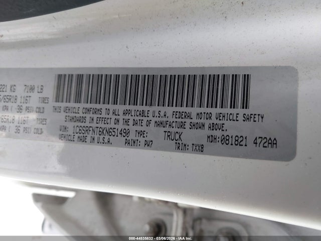 Продаж на аукціоні авто 2019 Ram 1500 Tradesman  4x4 6'4 Box, vin: 1C6SRFNT6KN651490, номер лоту: 44535832