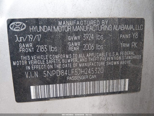 44535844 :رقم المزاد ، 5NPD84LF5JH245320 vin ، 2018 Hyundai Elantra Sel مزاد بيع