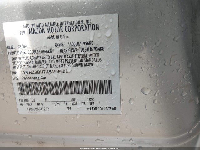 44535849 :رقم المزاد ، 1YVHZ8BH7A5M05605 vin ، 2010 Mazda Mazda6 I Sport مزاد بيع