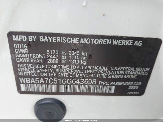 44535864 :رقم المزاد ، WBA5A7C51GG643698 vin ، 2016 Bmw 528i Xdrive مزاد بيع
