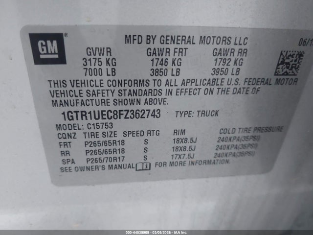 44535909 :رقم المزاد ، 1GTR1UEC8FZ362743 vin ، 2015 Gmc Sierra 1500 Sle مزاد بيع
