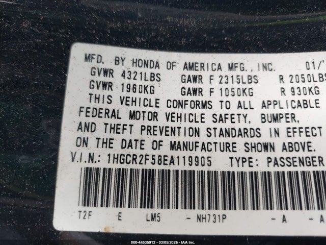 2014 Honda Accord Sport მანქანა იყიდება აუქციონზე, vin: 1HGCR2F58EA119905, აუქციონის ნომერი: 44535912