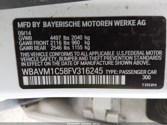 Aukcja sprzedaży 2015 Bmw X1 Sdrive28i, vin: WBAVM1C58FV316245, numer aukcji: 44535936