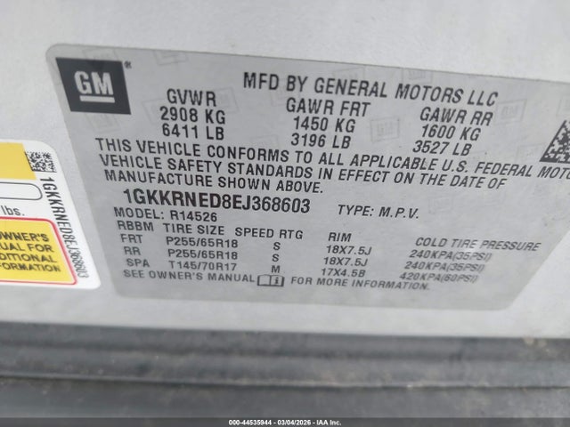 44535944 :رقم المزاد ، 1GKKRNED8EJ368603 vin ، 2014 Gmc Acadia Sle-1 مزاد بيع