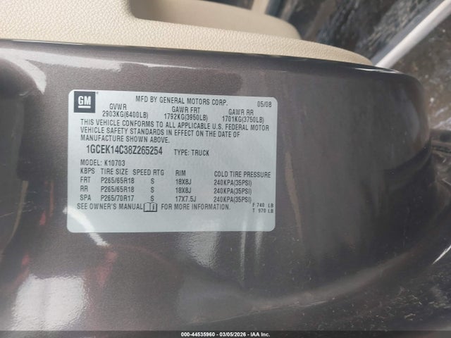 44535960 :رقم المزاد ، 1GCEK14C38Z265254 vin ، 2008 Chevrolet Silverado 1500 Lt1 مزاد بيع
