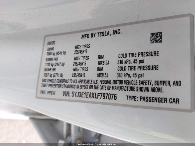 Продажа на аукционе авто 2020 Tesla Model 3 Standard Range Plus Rear-wheel Drive/standard Range Rear-wheel Drive, vin: 5YJ3E1EAXLF797076, номер лота: 44535995