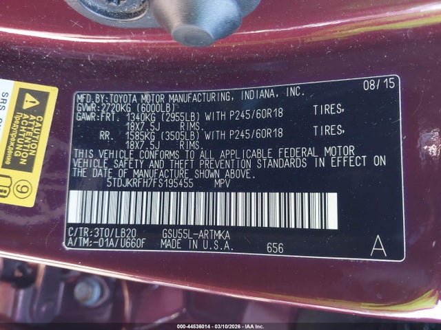 Toyota Highlander Xle V6 2015 5TDJKRFH7FS195455 Image 9