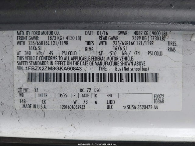 Продажа на аукционе авто 2016 Ford Transit-350 Xlt, vin: 1FBZX2ZM8GKA60843, номер лота: 44536017