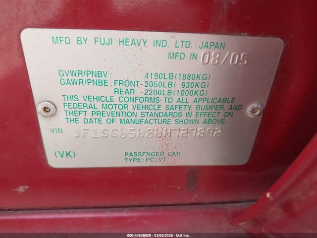 Aukcja sprzedaży 2006 Subaru Forester 2.5x, vin: JF1SG65686H727892, numer aukcji: 44536029