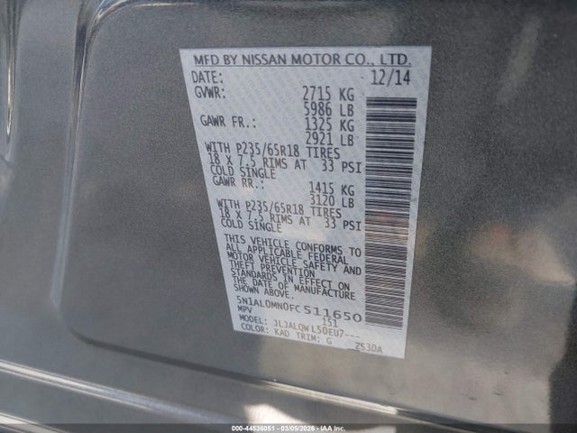 Продаж на аукціоні авто 2015 Infiniti Qx60, vin: 5N1AL0MN0FC511650, номер лоту: 44536051