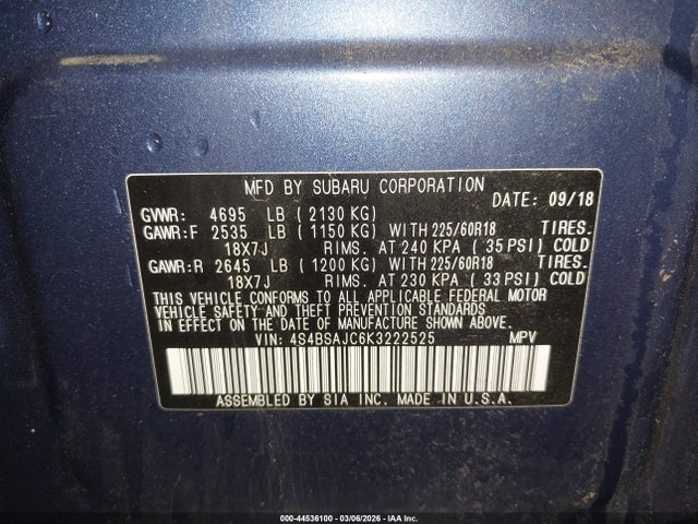 2019 Subaru Outback 2.5i Limited მანქანა იყიდება აუქციონზე, vin: 4S4BSAJC6K3222525, აუქციონის ნომერი: 44536100